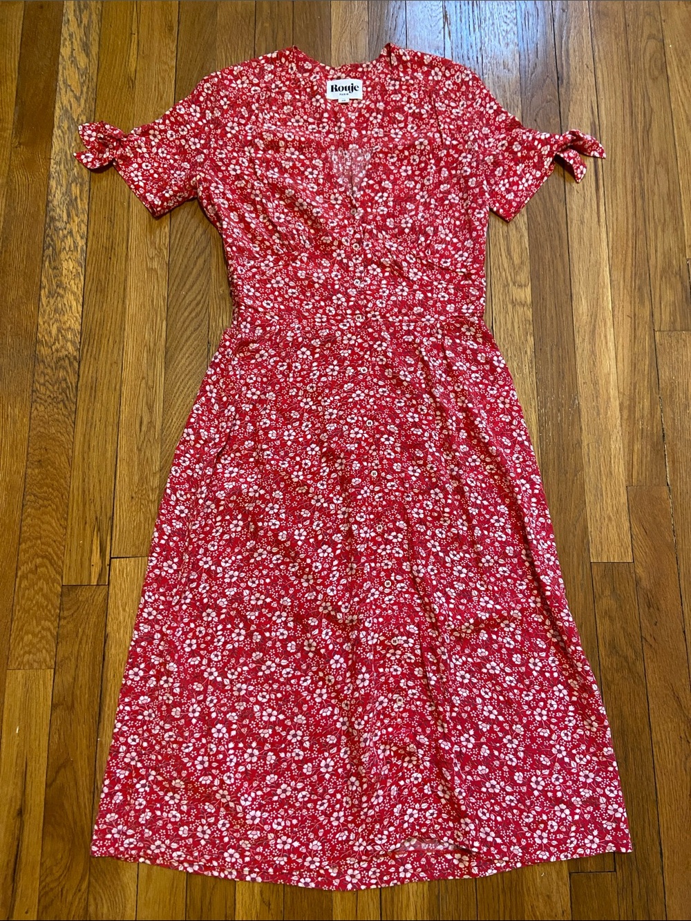 Rouje Red White Floral Midi Button Down Dress